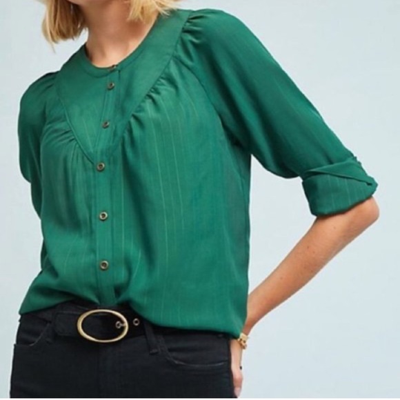 Maeve Tops - Maeve by Anthropologie Avignon Dark Green Pleated Button Front Stripe Blouse S